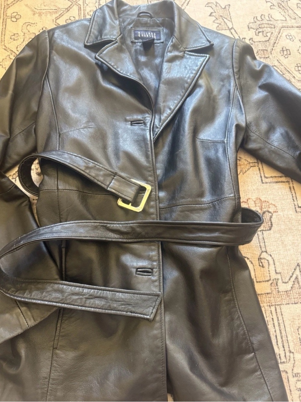 Hillard & Hanson Black Leather Belted Coat